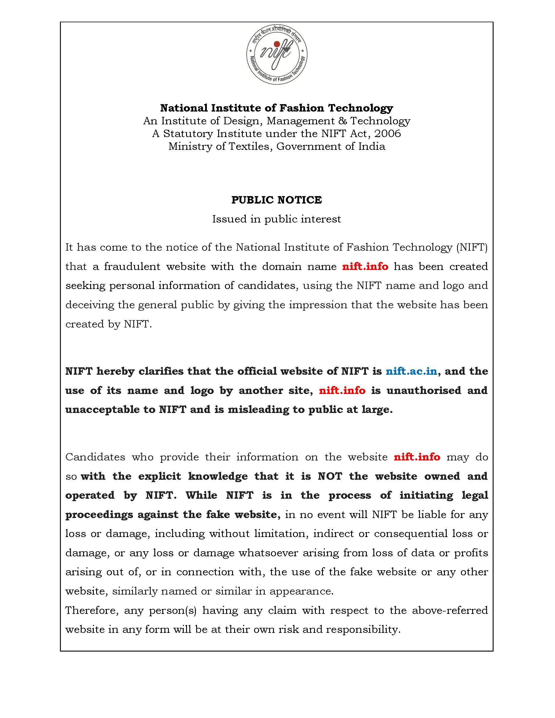 Public notice NIFT website